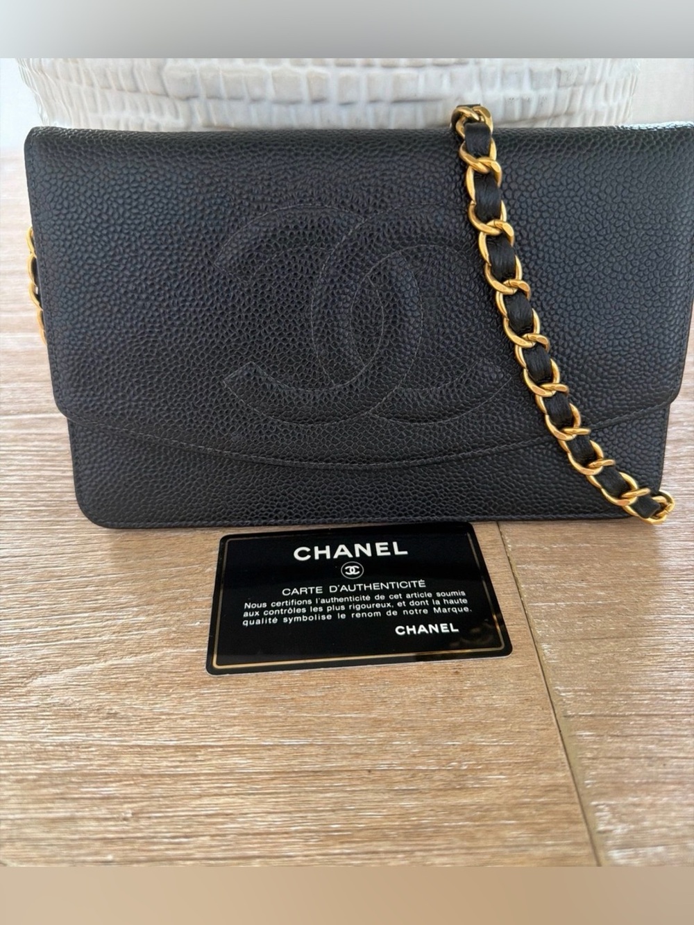 CHANEL Black Caviar Leather Flap Bag with Gold Chain WOC
